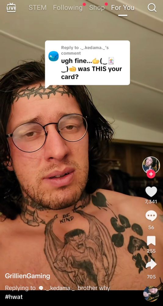 screenshot of a tiktok of a distressed man responding to a comment that reads "ugh fine... was THIS your card?" with an emoticon of hands spreading apart ass cheeks to reveal a playing card