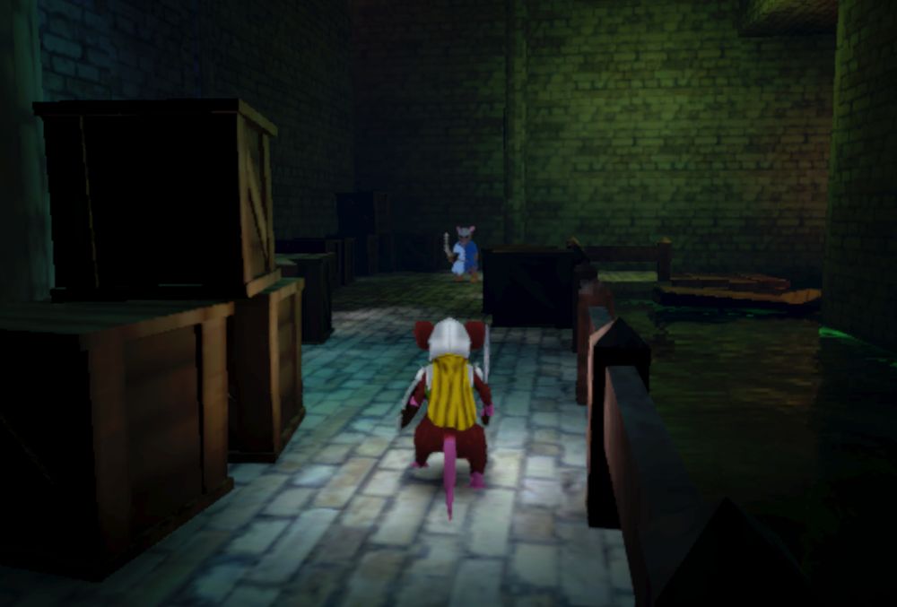 a screenshot of a game in development showing a a mouse knight facing away from camera down an alley next to a body of water