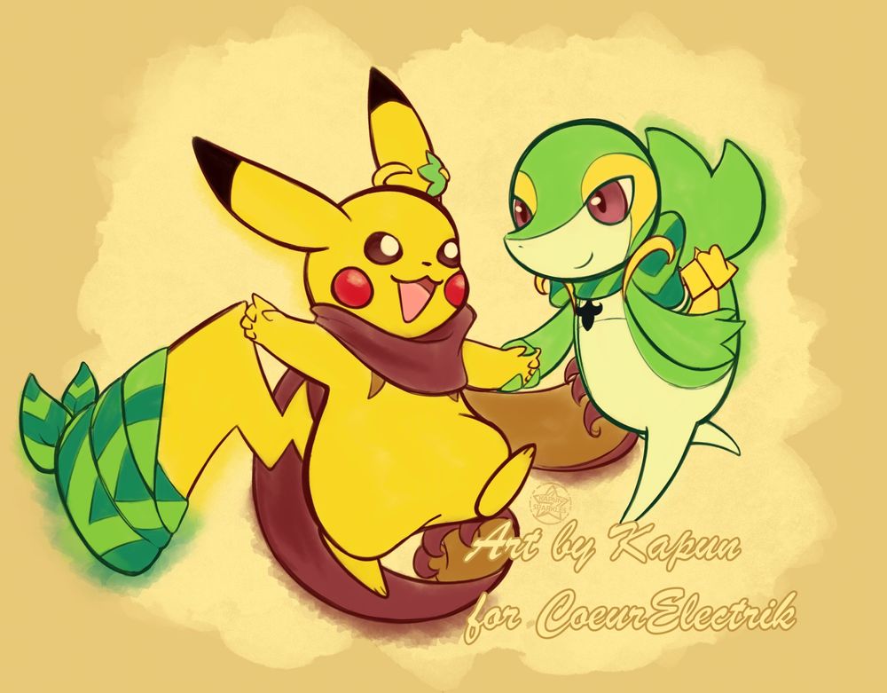 Coeur the Pikachu and Lily-Rose the Snivy are holding hands while walking, Coeur is happily pointing to a direction and Lily-Rose is following with a little smile. The characters belong to CoeurElectrik and the art is made by Kapun.