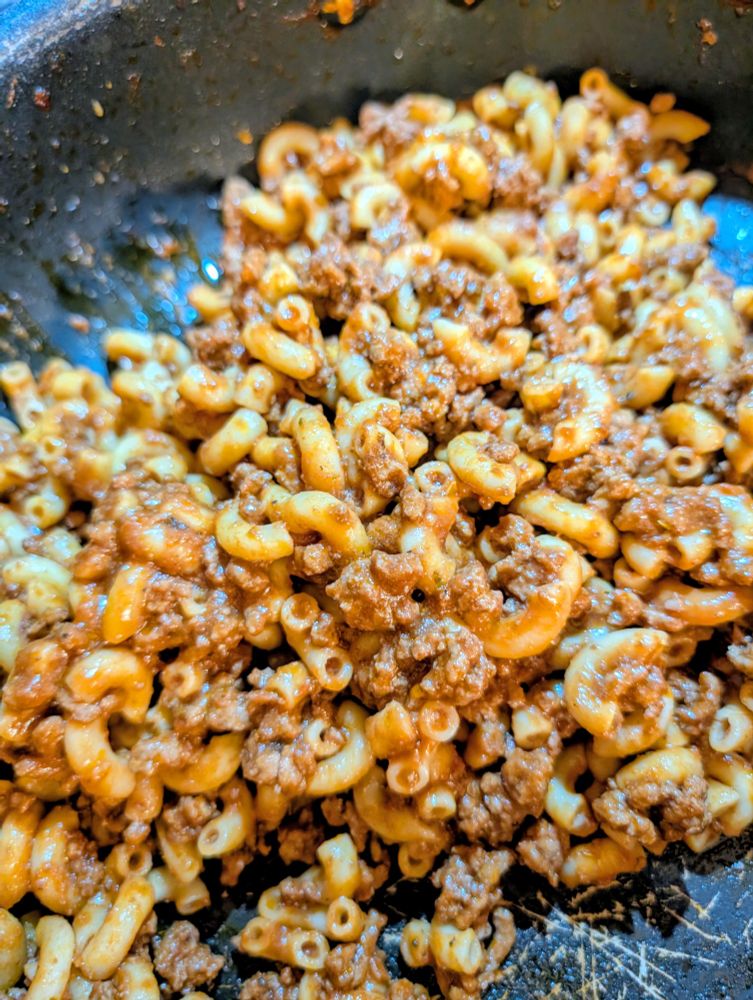 Johnny Marzetti. Basically homemade hamburger helper 