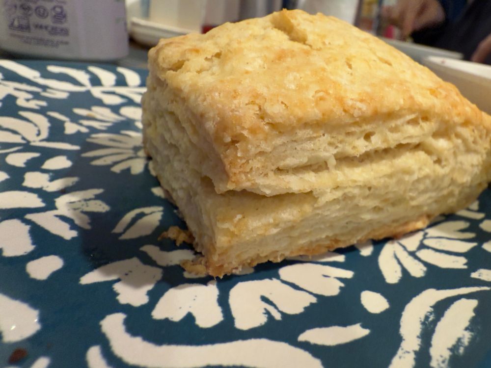 A golden, flaky biscuit, cut in a square shape, sitting on on a blue and white plate. 