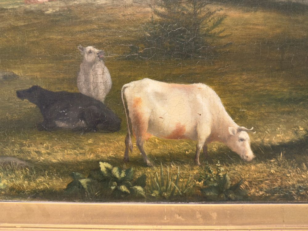 An oil painting of a nice white cow with a somewhat seal-looking black core and another white core behind her. 