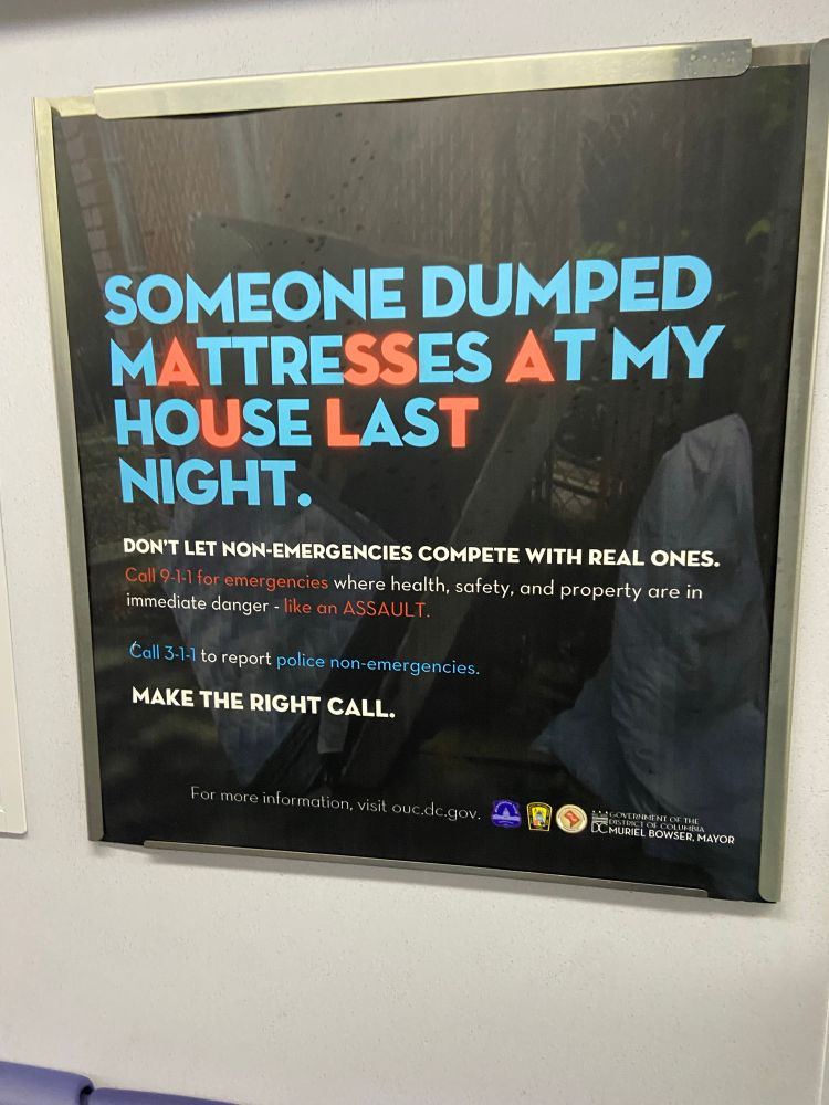 Red letters spell assault in the phrase "someone dumped mattresses at my house last night"
And then a message about calling the non emergency line instead of 911