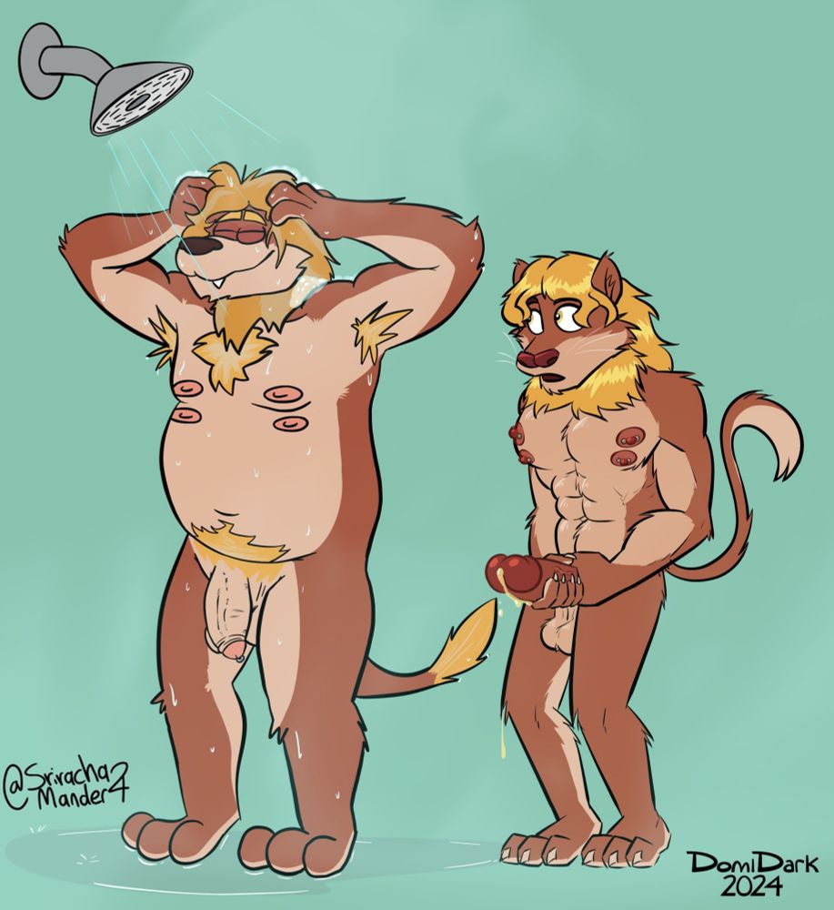 My lion father son characters  Anthony(right,son), and Maxim(left,dad) taking a shower together.