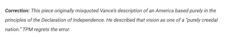 Correction: This piece originally misquoted Vance's description of an America based purely in the principles of the Declaration of Independence. He described that vision as one of a 