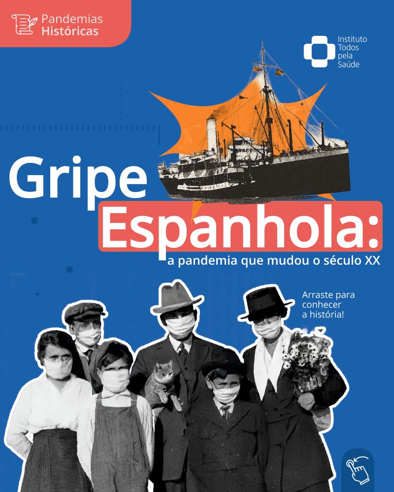 O fundo da imagem é azul escuro. O logo do ITpS está no canto superior esquerdo, e consiste em uma cruz com as extremidades brancas e o centro vazado. O nome "Instituto Todos pela Saúde" está ao lado do símbolo.

Do lado superior direito, há um selo com um ícone de carta sendo escrita com penas. Ao lado, o nome da editoria: "Pandemias Históricas".

No centro da arte, o título :"Gripe espanhola: a pandemia que mudou o século XX"

Acima do texto, uma imagem em estilo recorte do navio Demerara, com um detalhe em recorte laranja. 

Na parte inferior, está a foto recortada de uma família da época, usando máscaras. São quatro crianças (dois meninos e duas meninas), um homem e uma mulher, todos abraçados. O homem segura um gato, que também está de máscara. 

Ao lado desta imagem, mais um texto: "Arraste para conhecer a história!"