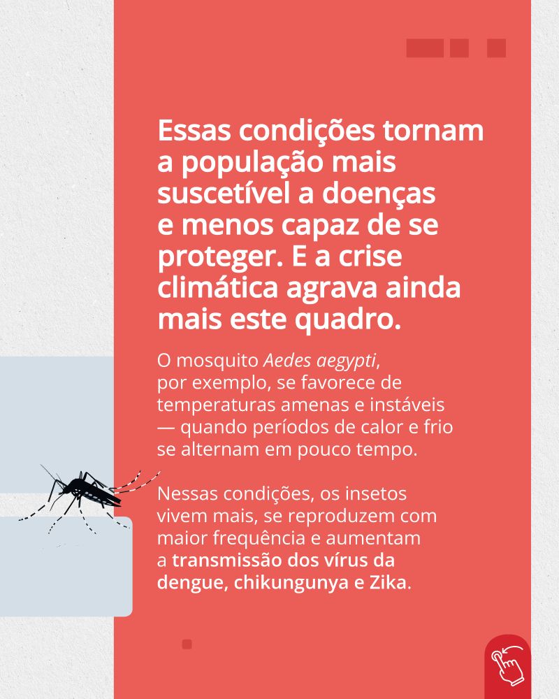 O fundo da imagem é cinza, mas o texto está dentro de um retângulo vermelho. No lado esquerdo, há a ilustração do Aedes aegypti.

"Essas condições tornam a população mais suscetível a doenças e menos capaz de se proteger. E a crise climática agrava ainda mais este quadro.

O mosquito Aedes aegypti, por exemplo, se favorece de temperaturas amenas e instáveis — quando períodos de calor e frio se alternam em pouco tempo. Nessas condições, os insetos vivem mais, se reproduzem com maior frequência e aumentam a transmissão dos vírus da dengue, chikungunya e Zika."