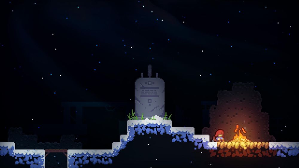 a screenshot from the video game "celeste". the main character, a red-haired woman, sits at a campfire on a snowy mountain. nearby is a large stone monument.