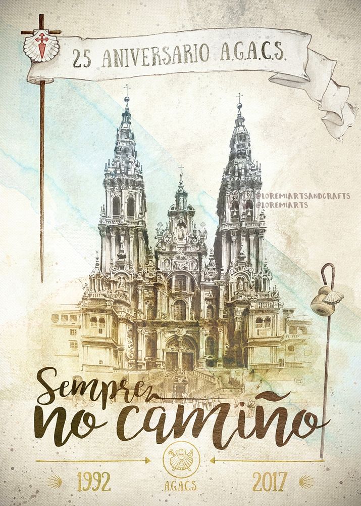 Ilustración de la catedral de Santiago de Compostela hecha con tinta y acuarelas en 2017.