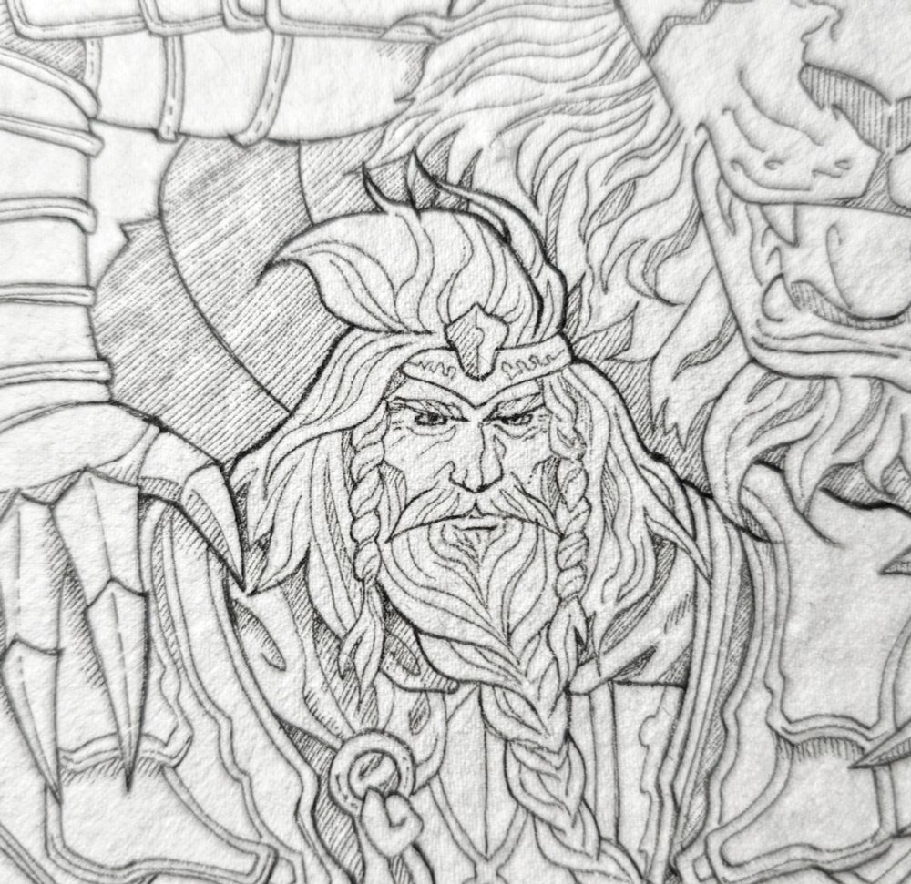 Ink illustration featuring Godfrey and the lyon from Elden Ring videogame. 