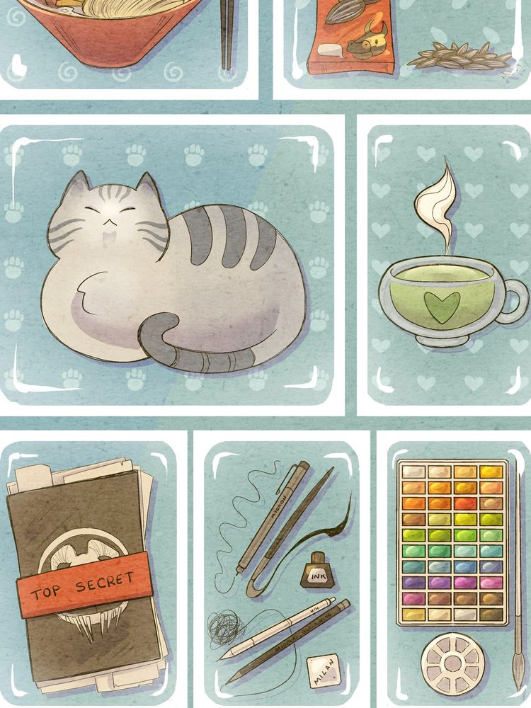 More elements of the starter pack including my cat, matcha latte, my secret project and art supplies.