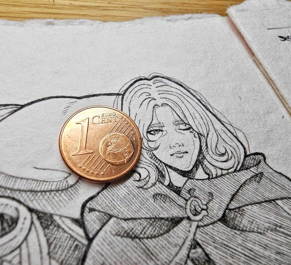 An ink drawing of a young woman face next to a cent coin for scale. 