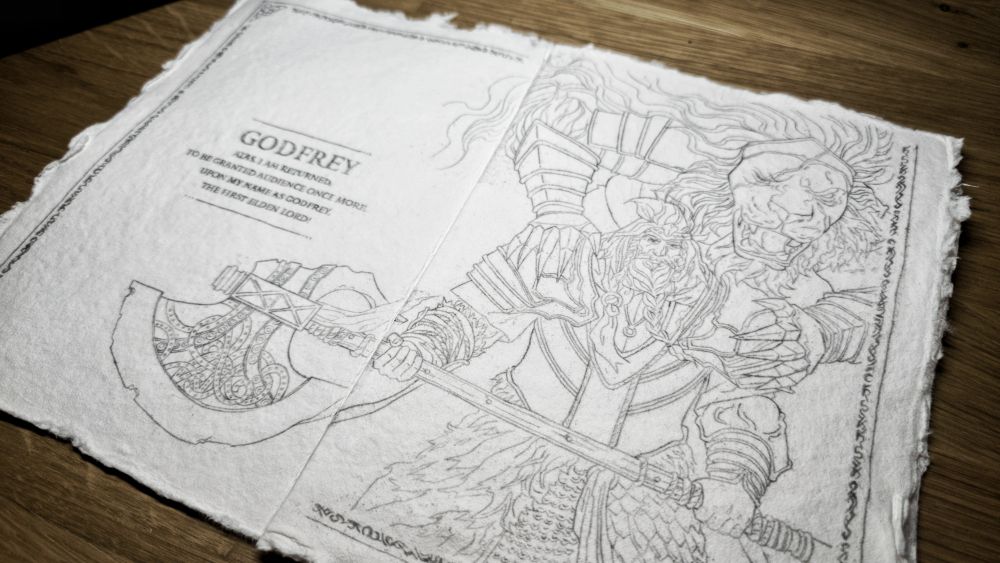 Drawing transferred to artisanal paper. The character in the drawing is Godfrey from the Elden Ring video-game, who carries a ghostly lion on his shoulder and a broken axe in his hands. 