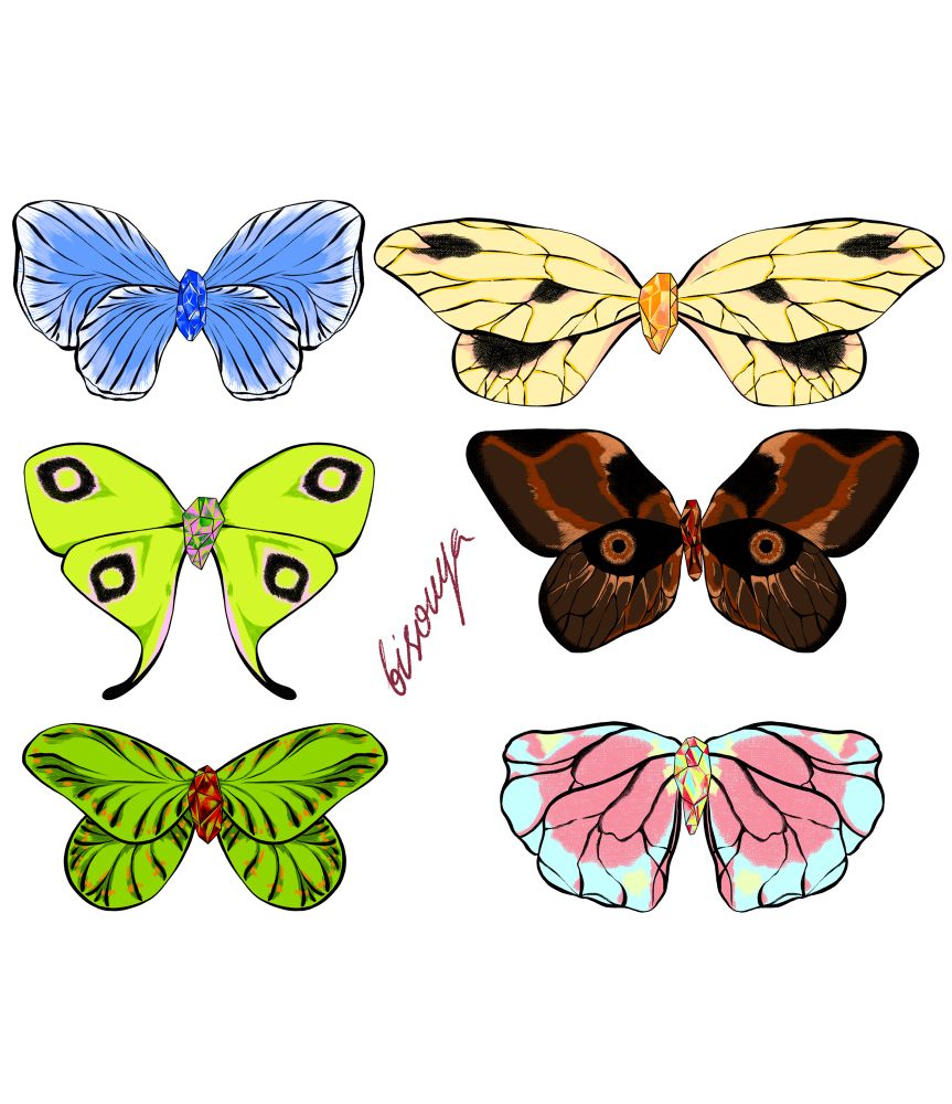 6 coloured butterfly tattoo designs. The butterflies have gems for bodies