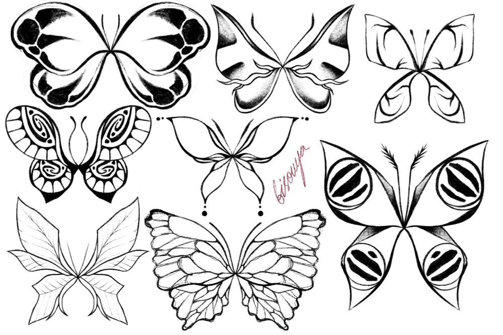 A tattoo flash sheet with butterfly designs