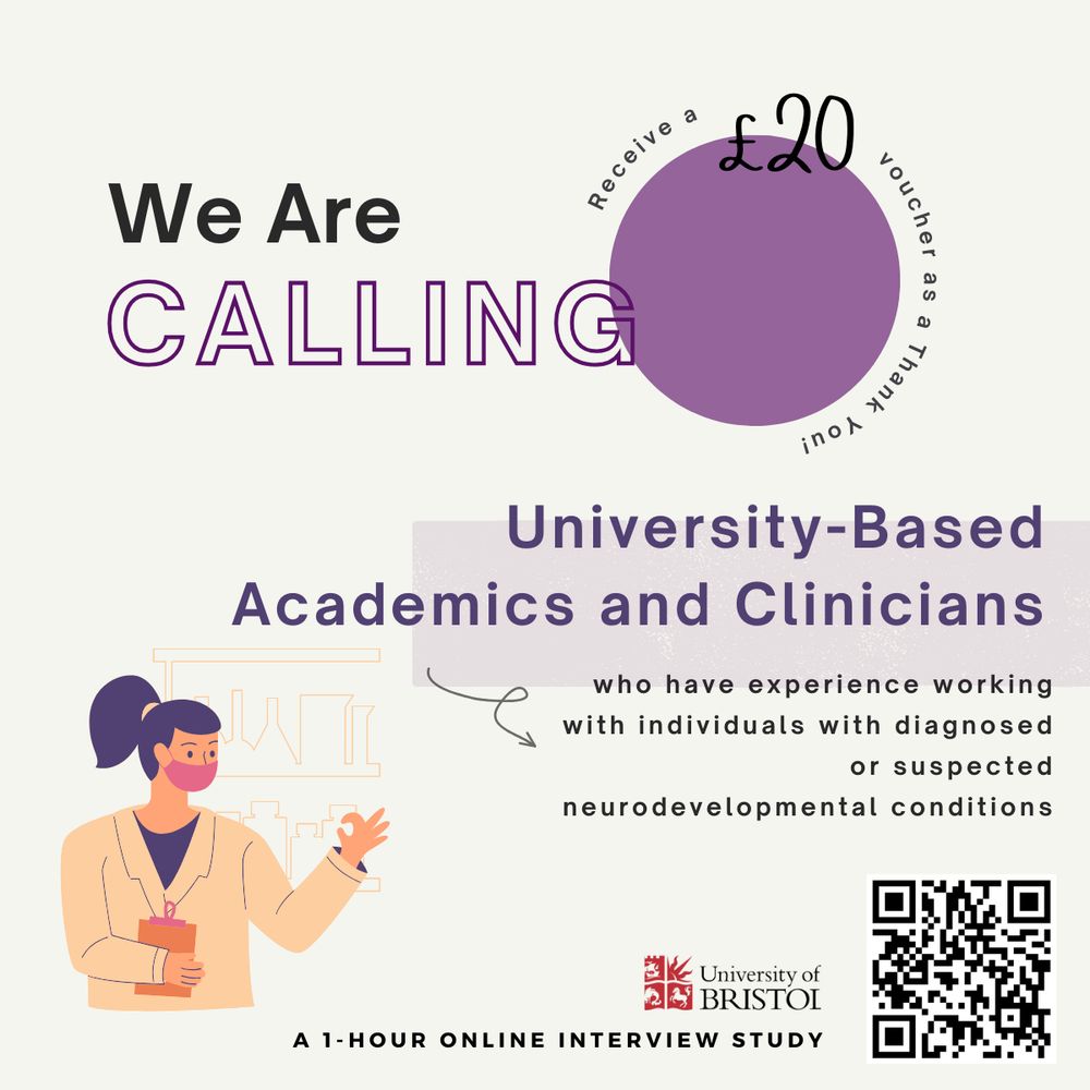 This image contains a cartoon illustration of a person in a laboratory coat, carrying a clipboard and wearing a face mask, standing in front of a cabinet of vials and flasks. The text reads: “We are calling University-Based Academics or Clinicians who have experience working with participants with diagnosed or suspected neurodevelopmental conditions. Receive a £20 voucher as a Thank You! A 1-hour online interview” The image includes a QR code and the University of Bristol logo.