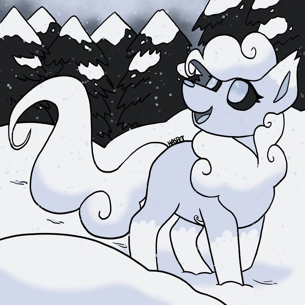 Drawing of a white, foxlike creature with cloudlike fur in the snow.