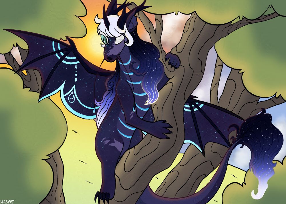 Artwork of a purple dragon climbing a tree at twilight.