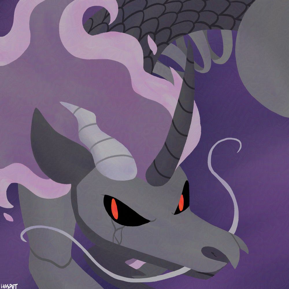 Digital painting headshot of a partially skeletal longma, or dragon-horse, with a purple mane which is ethereal, or fiery.