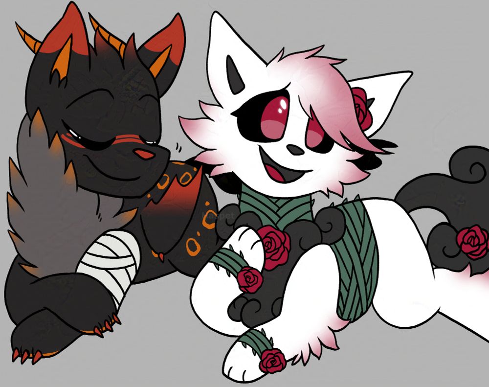 Cartoon artwork of two foxlike creatures, one smiling and the other nodding.