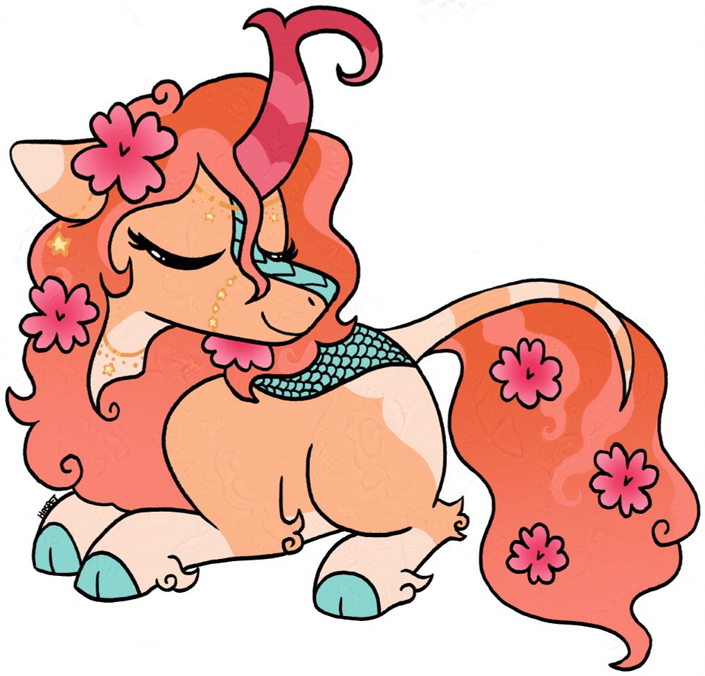Drawing of a pink-and-orange "My Little Pony"-style kirin wearing hibiscus flowers in its hair.
