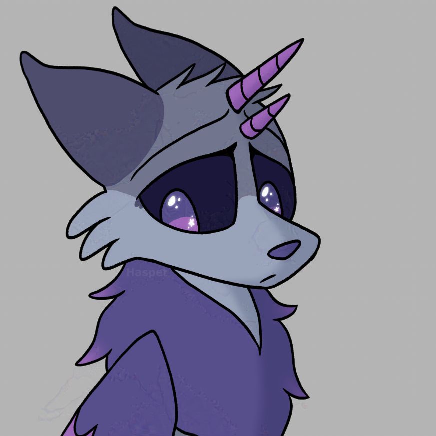 Drawing of a purple-and-gray, frowning foxlike creature with wings and two unicorn horns.