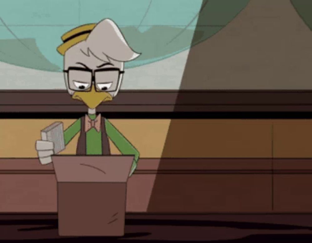 a cartoon duck is standing at a podium with a book in his hand