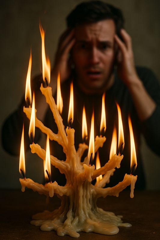 Generated image of a very complicated multi-head candle, with all ends burning in a mighty conflagration. In the background (blurred), is a bewildered-looking man watching the candles burn.