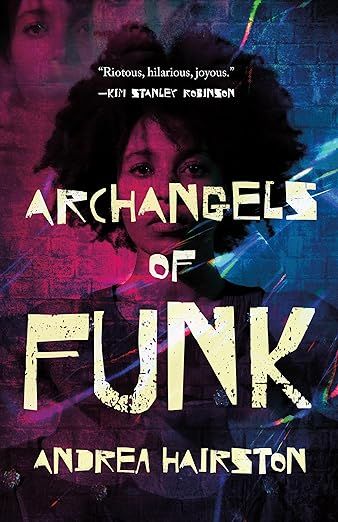 The cover of ARCHANGELS OF FUNK, featuring a person's head and shoulders against an ombre background of hot pink fading to blue