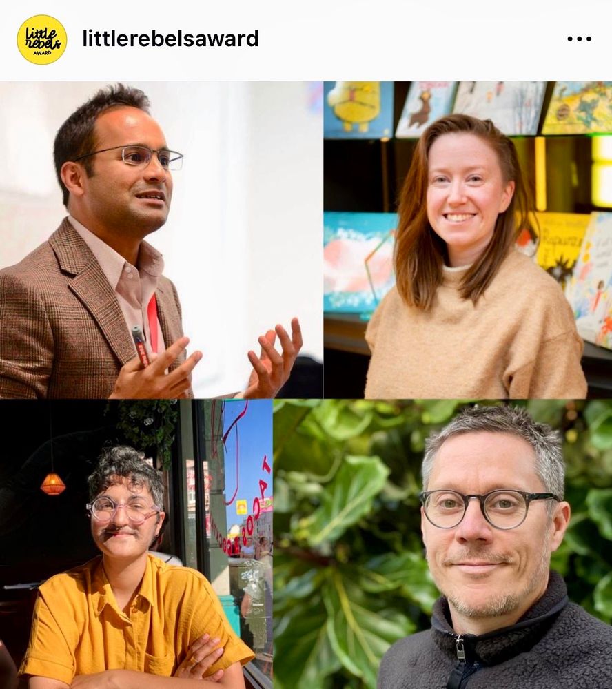 Profile photos of the four Little Rebels Award Judges. Top left: Alom Shaha. 
Top right: Phoebe Demeger 
Bottom left: Soofiya 
Bottom right: Chris Haughton