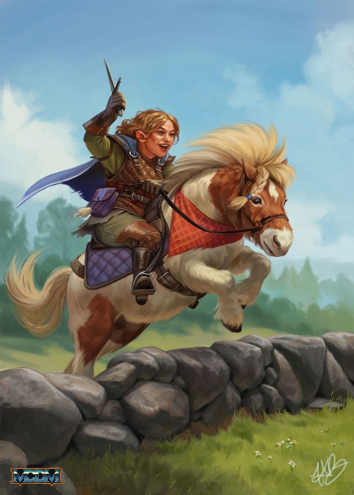 Halfling riding a pony, jumping a low stone fence