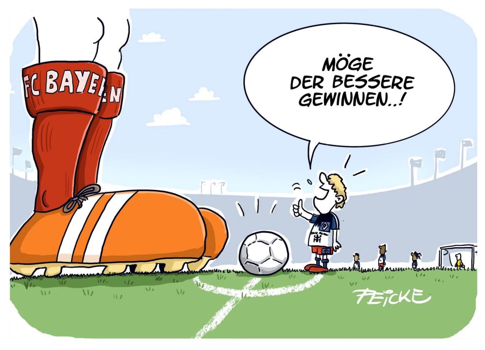 Feicke Cartoon. Ein kleines Männchen im HSV Dress steht am Mittelkreis zwei riesengroßen Füßen/Beinen mit der Aufschrift FC Bayern gegenüber über. Es hält den Daumen hoch und sagt: möge der bessere gewinnen. 