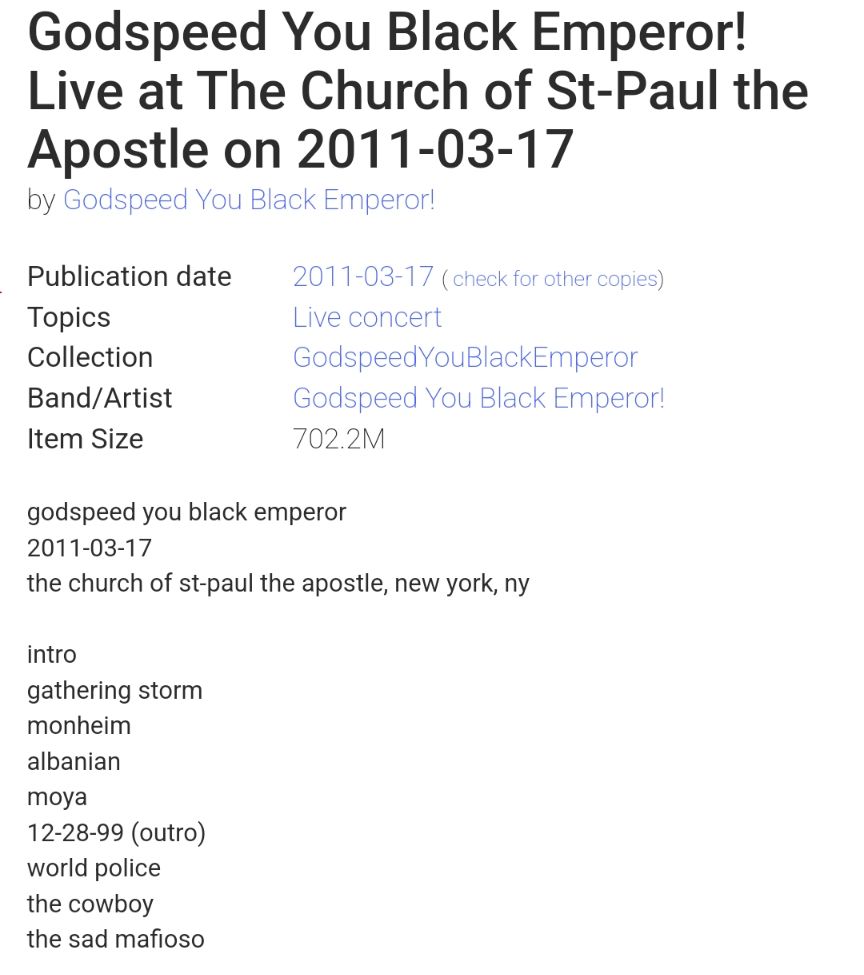 Screenshot of the Internet Archive entry for Godspeed You Black Emperor live at The Church of St. Paul the Apostle on March 17, 2011