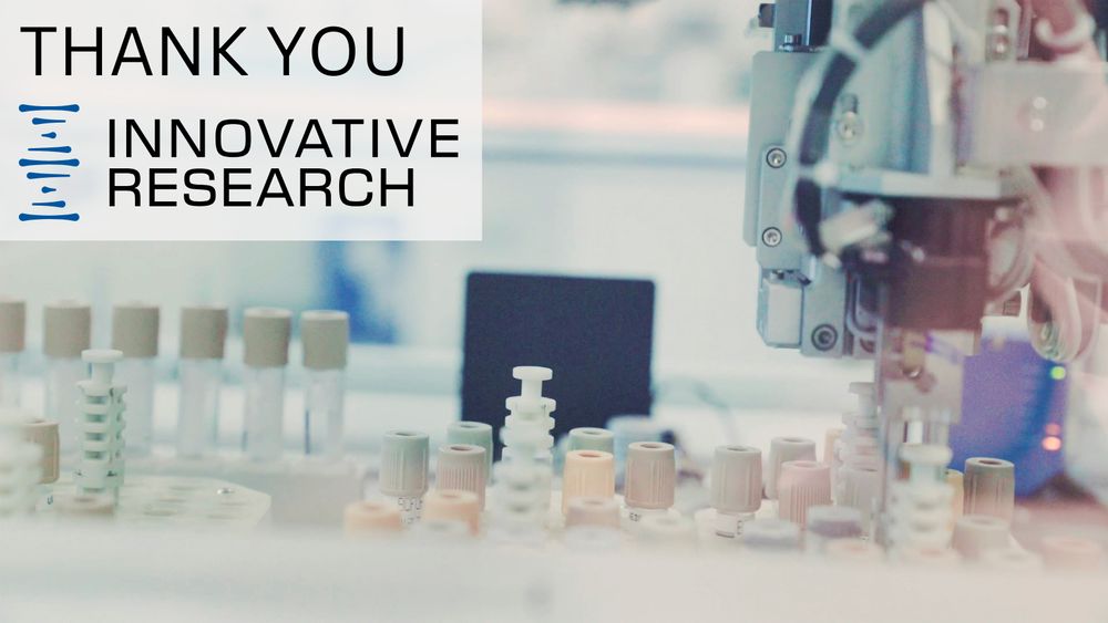 The text in the upper left reads, "Thank you Innovative Research." The logo for Innovative research consists of a series of blue horizontal lines, and it is included on the far left. The photo in the background depicts a lab instrument filling small vials. 