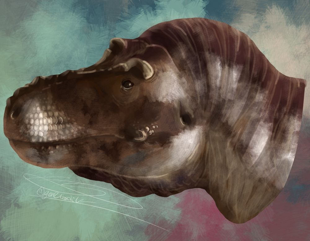 messy digital art of a tyrannosaurus head facing left