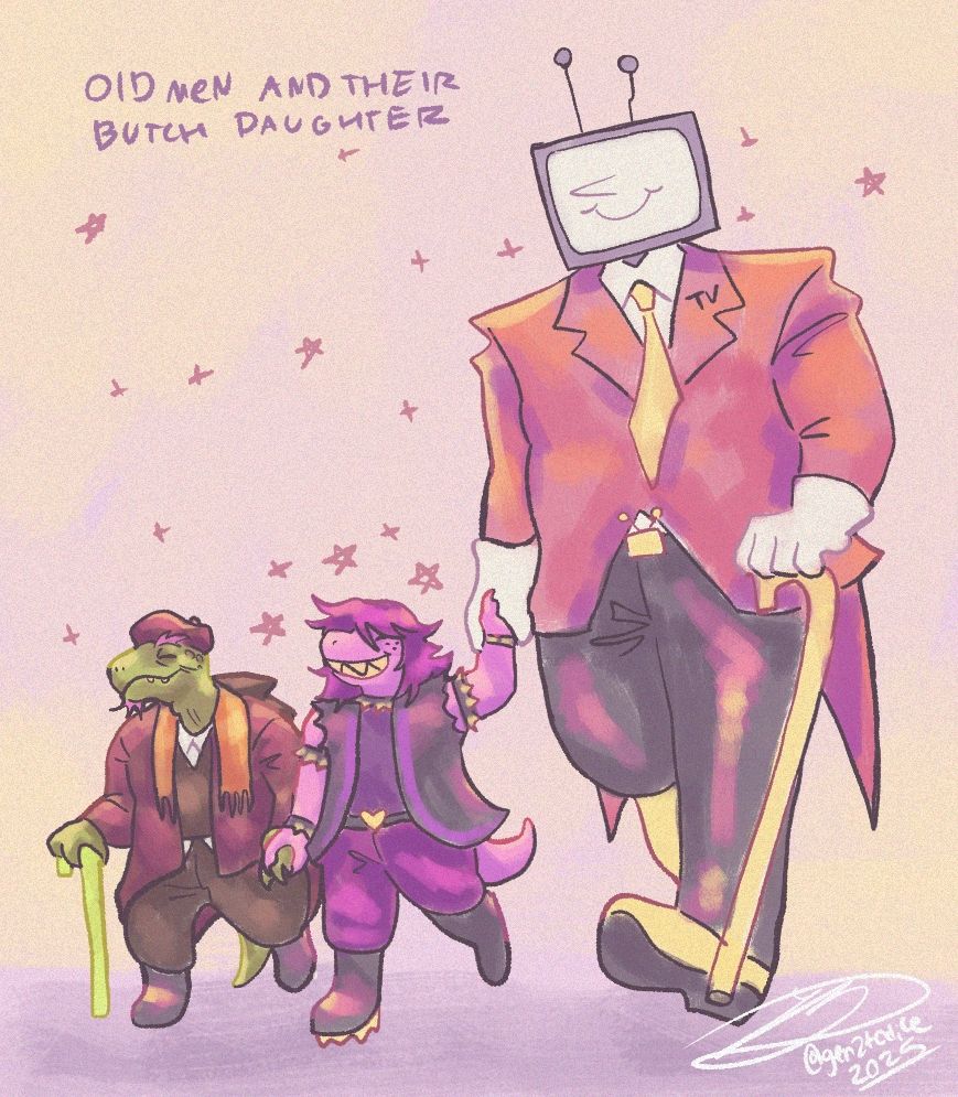digital drawing of susie from deltarune holding the hands of gerson and tenna while walking happily. the drawing is labeled "old men and their butch daughter"
