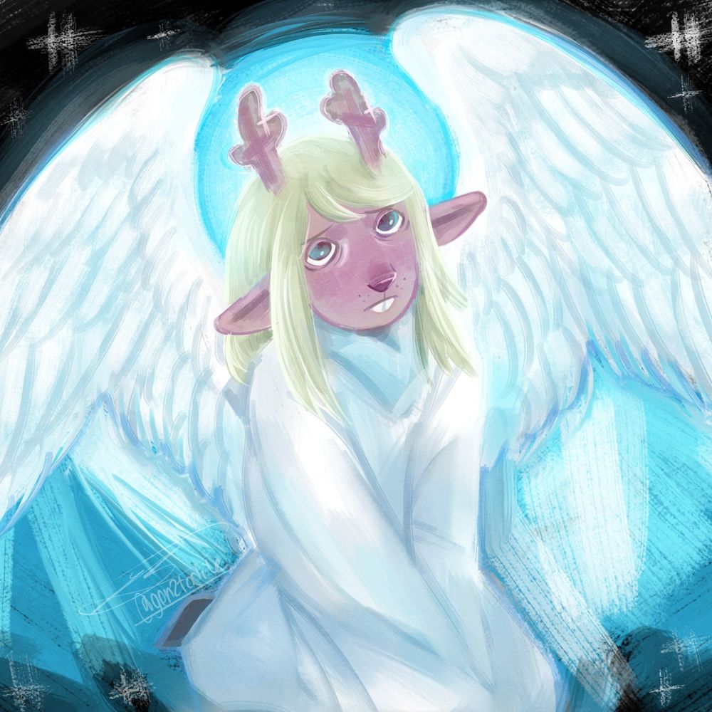 digital painting of noelle holiday in her dark world outfit, angel wings forming a halo behind her