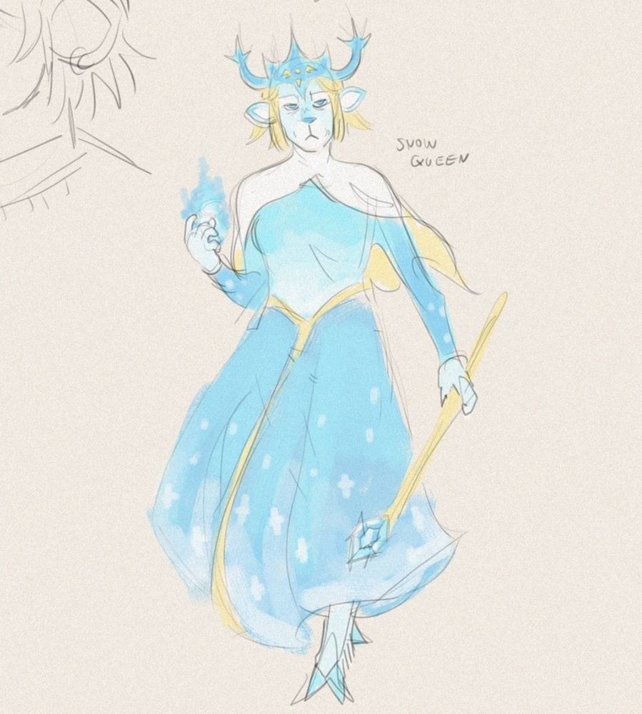 digital sketch of carol holiday in a hypothetical dark world form. she has light blue fur with dark blue and white accents. she is wearing a blue dress with dark blue, white, and yellow accents. it fades into white with sparkles that resemble snowflakes. she has a blue crown with the delta rune on it. she is carrying a staff with a hexagonal ice shape on the top of it. she is labeled "snow queen"