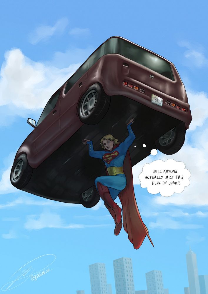 digital art of supergirl holding up a nissan cube and thinking, "will anyone actually miss this hunk of junk?"