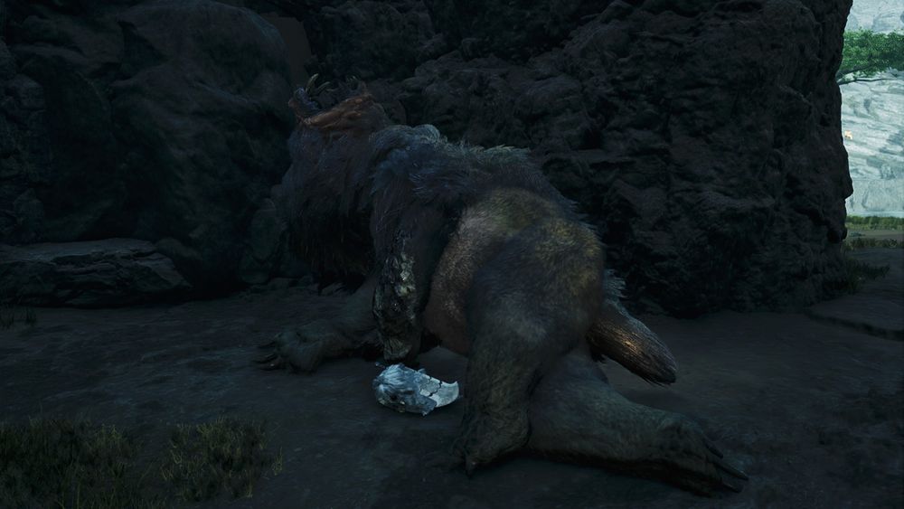 A dead Doshaguma in Monster Hunter Wilds splayed out in an odd pose