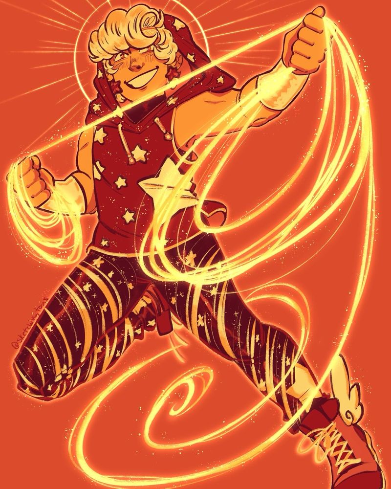 A digital illustration of Cassie Sandsmark, the second Wonder Girl, from DC Comics. She is smiling at the camera while leaping and holding onto a golden whip. Her costume is an original fan design, and the piece is created with a limited color palette of shades of reds and yellows as part of a palette challenge.