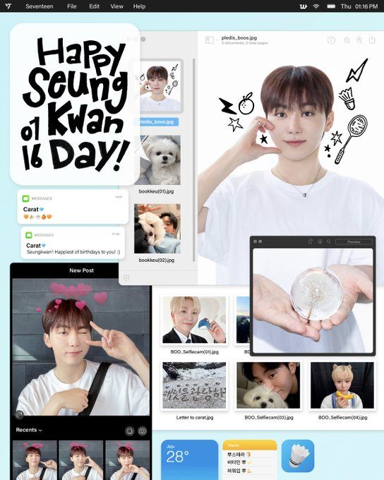 a birthday collage made to look like popup windows and notifications on a computer with tons of pics of seungkwan