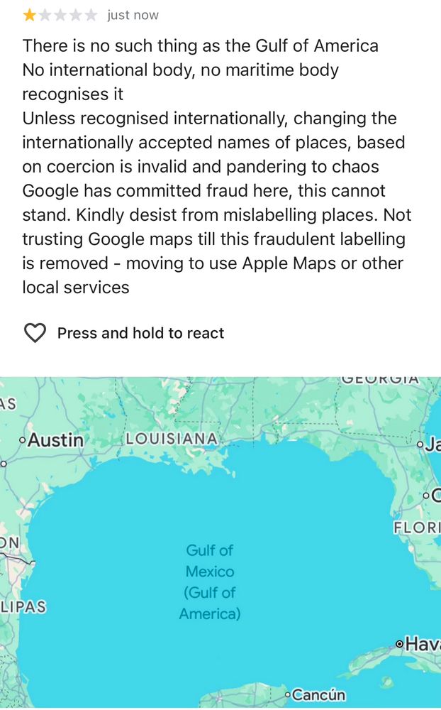 Google maps fraudulently mislabelling Gulf of Mexico 