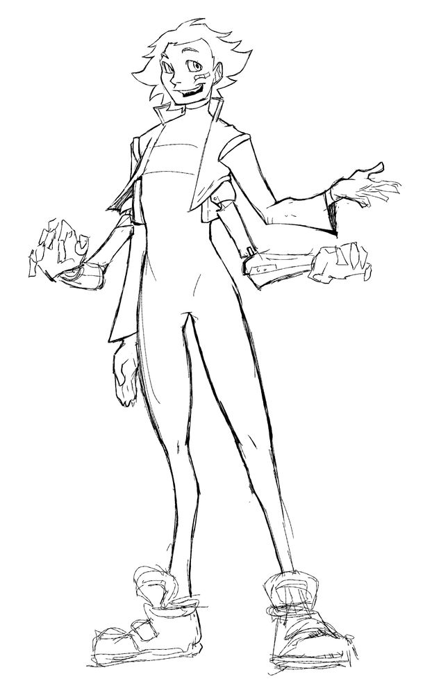 a sketch of an oc, with no color or background. while she's normally a monster thing, she's depicted as human here. he has messy hair, a jumpsuit with a crop jacket, and a device that simulates a second pair of arms. he is also wearing huge sneakers, and has a bandaid on his face.