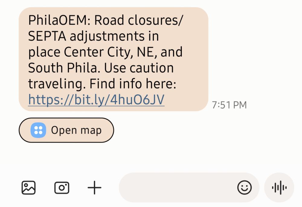 Philadelphia Office of Emergency Management text message and SEPTA adjustments and road closures in Center City, Northeast Philadelphia, and South Philly 
