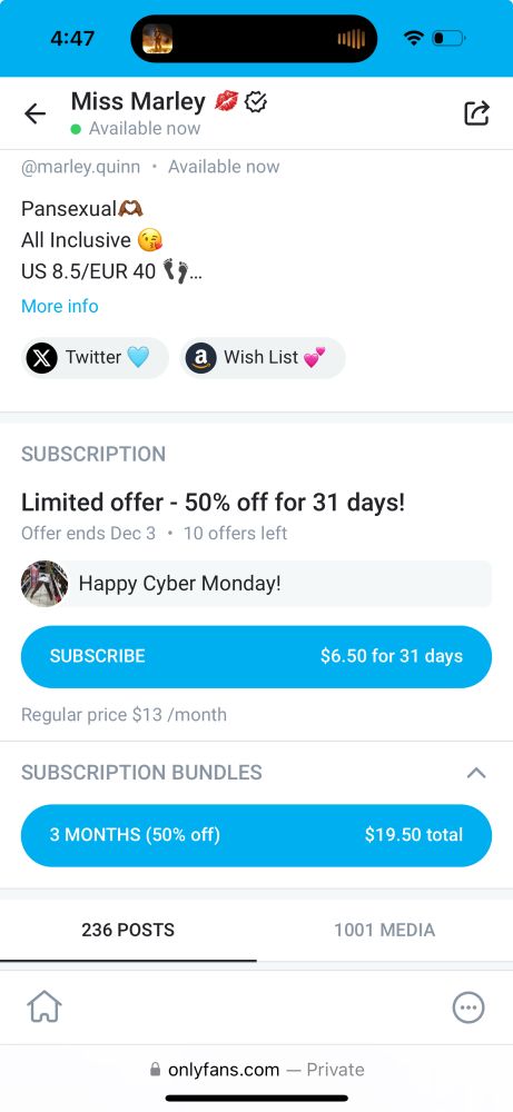 A screenshot of Marley’s only fans discounts for Cyber Monday. 
She has 50% off for a month for 10 subs and 50% off of a 3 month bundle. 