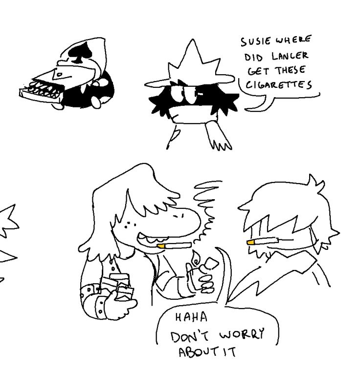 lancer with an entire pack of cigarettes in his mouth, box and all. ralsei asks, "susie where did lancer get these cigarettes?" susie responds "haha dont worry about it", carrying several packs as she and kris both smoke cigarettes of their own. kris is smoking the cigarette backwards