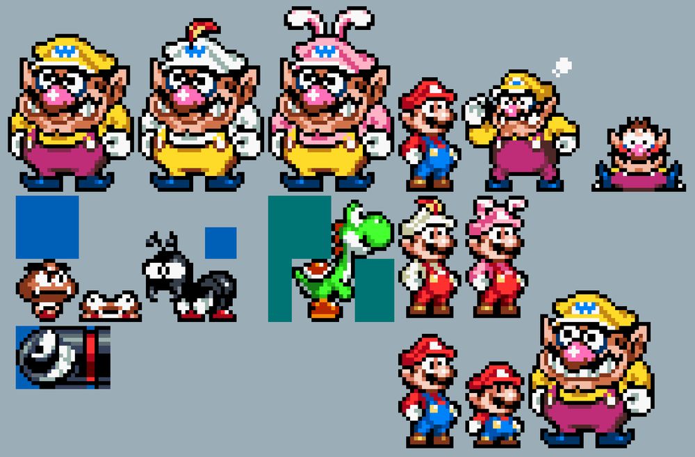 an assortment of super mario land 2 characters and elements drawn in 16-bit, made to work within SMW romhack constraints