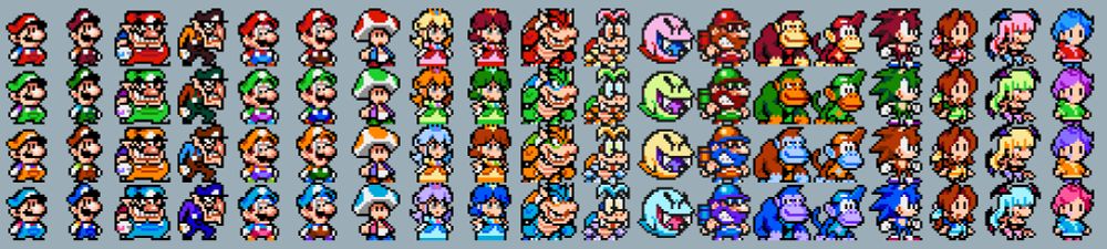 a collection of various characters in a limited palette format, intended for a super mario war-esque fangame
