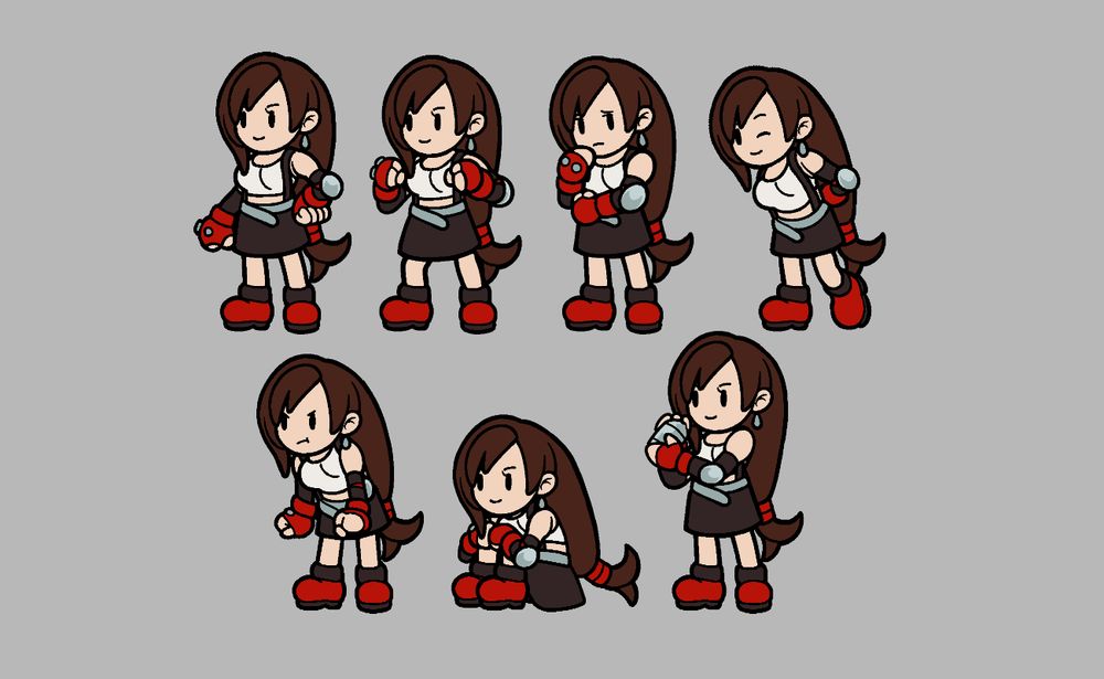 Tifa Lockhart in the Paper Mario art style, in various poses. In order, Tifa stands idle, Tifa assumes a battle ready stance, Tifa looks concerned, Tifa winks with her hands behind her back, Tifa pouts with her arms down, Tifa sits with her arms wrapped around her knees, and Tifa shaking an alcohol mix.